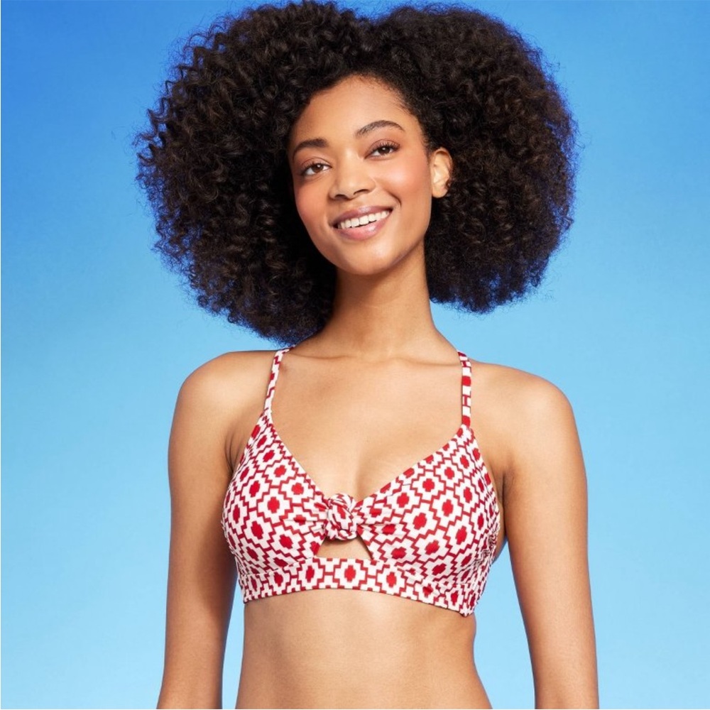 NWT longline underwire knot bikini top red geo